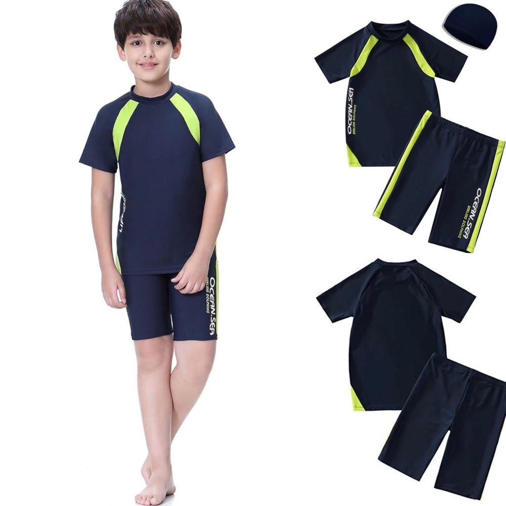 Boys Swimsuit UPF50+UV Swimwear Set Two Piece Rash Guard with Hat, Size 11-12